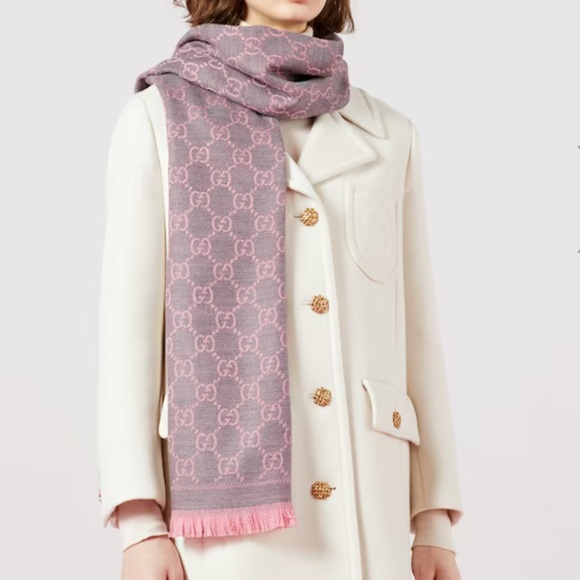 Gucci Pink/Grey GG Gucci Logo Wool Scarf - Picture 1 of 9